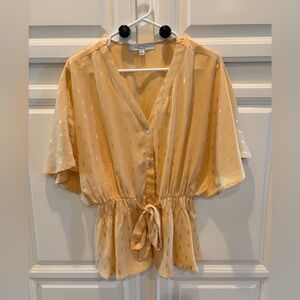 Peach and Gold Button Down Blouse with Gathered Elastic Tie Waist Women’s XL
